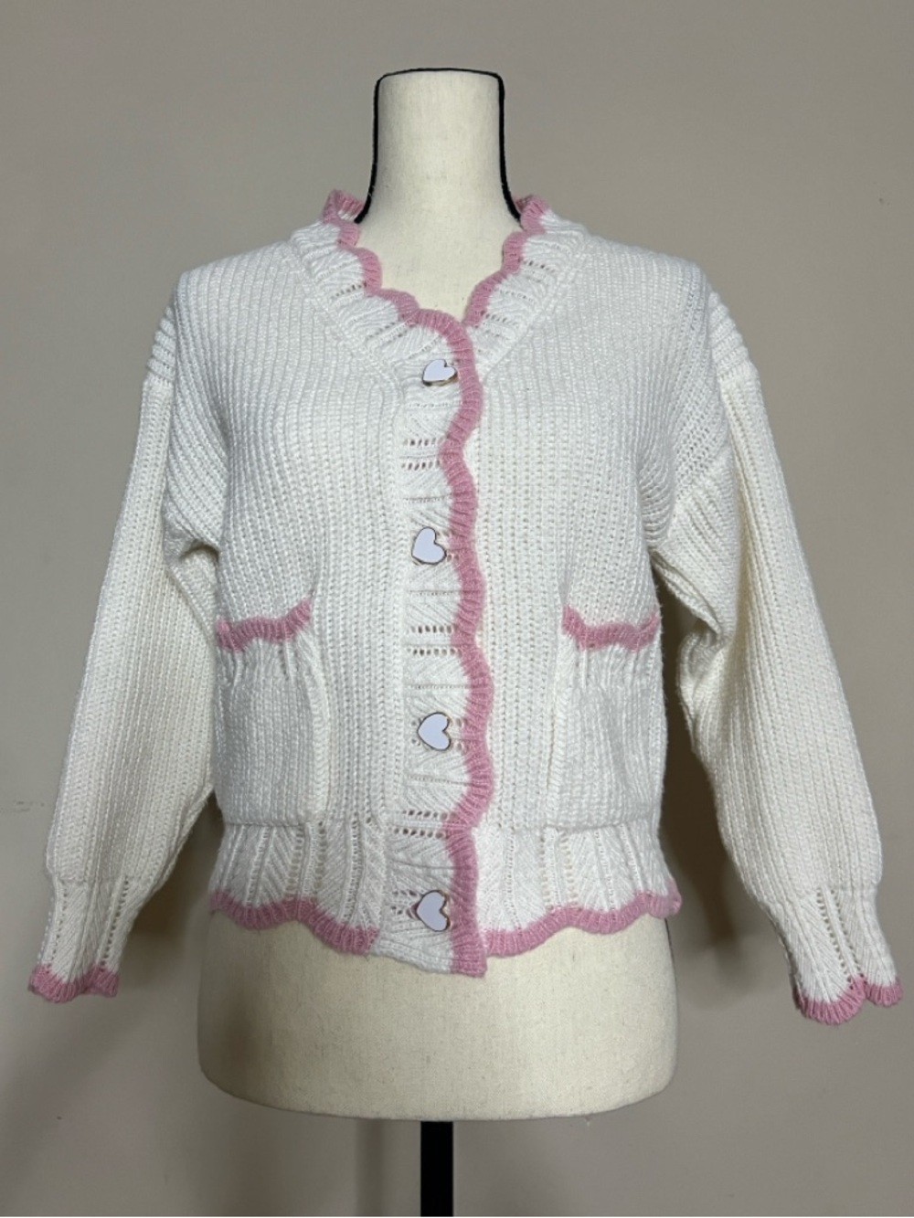 💕💗💓💌Cute White Knit Cardigan with Pink Trim and Heart Buttons